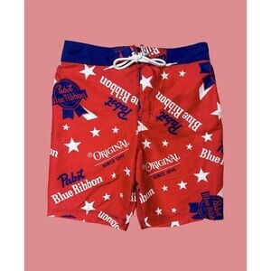 Pabst Blue Ribbon Beer PRB Board Swim Shorts Red White Blue Men's Size Small